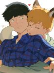  2boys animal_ear_fluff animal_ears black_eyes black_hair blonde_hair blue_shirt bowl_cut closed_eyes fox_ears fox_tail green_jacket heart highres hug hug_from_behind jacket kageyama_shigeo mob_psycho_100 multiple_boys open_mouth plaid plaid_shirt reigen_arataka shirt short_hair simple_background sweatdrop tail upper_body white_background yukoxx131 