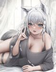  1girl ahoge animal_ear_fluff animal_ears aqua_eyes aqua_nails bare_shoulders blush braid breasts cleavage collarbone dress_shirt fang fox_ears fox_girl fox_tail grey_shirt hair_between_eyes highres holding holding_phone hololive large_breasts long_hair looking_at_viewer no_bra open_mouth phone rimamo shirakami_fubuki shirt single_braid skin_fang solo tail thigh_strap virtual_youtuber white_hair 