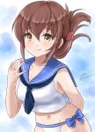  1girl bikini blue_neckerchief blue_sailor_collar brown_eyes brown_hair cowboy_shot folded_ponytail idolmaster inazuma_(kancolle) kantai_collection kitagawa_mikio long_hair neckerchief one-hour_drawing_challenge sailor_bikini sailor_collar sailor_swimsuit_(idolmaster) side-tie_bikini_bottom solo swimsuit white_bikini 