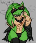  abs absurd_res anthro archie_comics bulge chilispice choker clothed clothing coat crossdressing ear_piercing eulipotyphlan eyewear eyewear_on_head hedgehog hi_res jewelry legwear male mammal necklace piercing scar scourge_the_hedgehog sega solo sonic_the_hedgehog_(archie) sonic_the_hedgehog_(comics) sonic_the_hedgehog_(series) sunglasses sunglasses_on_head thigh_highs thong tongue tongue_out tongue_piercing topwear underwear wide_hips 