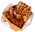  box chicken_(food) commentary english_commentary fast_food food food_focus jadenvargen no_humans original paper simple_background still_life syrup waffle white_background wrapper 