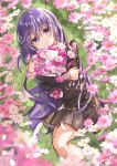  1girl absurdres angel_beats! cosmos_(flower) flower heaven_burns_red highres holding holding_flower irie_miyuki long_hair looking_at_viewer lying purple_eyes purple_hair school_uniform skirt smile zuzuhashi 