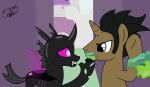  2023 absurd_res against_surface against_wall alley arthropod black_body black_skin brown_body brown_skin canterlot changeling digital_media_(artwork) duo equid equine fangs female friendship_is_magic gabriel18017 hasbro hi_res horn horse insect_wings male male/female mammal my_little_pony pink_eyes pony sharp_teeth slime stubborn_brave teeth tibia unicorn wings 