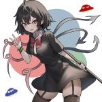  asymmetrical_wings black_dress black_hair black_thighhighs blue_wings bow bowtie dress holding holding_weapon houjuu_nue light_smile looking_at_viewer polearm red_bow red_bowtie red_eyes red_wings simple_background snake solo thighhighs thighs touhou ufo undefined_fantastic_object v weapon wings 