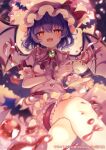 1girl :d ascot bat_(animal) bat_wings commentary crossed_legs cup full_moon hat highres holding holding_cup looking_at_viewer mob_cap moon open_mouth purple_hair red_ascot red_eyes remilia_scarlet sekisei_(superego51) short_hair short_sleeves smile solo teacup touhou white_headwear wings wrist_cuffs 