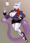 3_fingers absurd_res anthro barely_visible_genitalia barely_visible_pussy beverage big_breasts bottomwear breasts clothed clothing coffee coffee_mug female fingers footwear generation_1_pokemon genitals hi_res high_heels legendary_pokemon mew_tuely_(fan_character) mewtwo milftwo nintendo no_underwear pokemon pokemon_(species) purple_eyes pussy pussy_slip scarf selissa skirt solo 