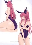  1girl animal_ears arm_under_breasts bare_shoulders breasts covered_navel covering embarrassed fake_animal_ears fire_emblem fire_emblem:_the_sacred_stones groin hand_on_own_arm highres large_breasts leotard long_hair marisa_(fire_emblem) multiple_views pink_eyes pink_hair playboy_bunny ponytail purple_leotard rabbit_ears solo thighs vialnite 