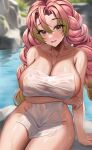  1girl absurdres arm_under_breasts blurry blurry_background blush breasts cleavage collarbone commentary covered_navel gradient_hair green_eyes grey_hair highres kanroji_mitsuri kimetsu_no_yaiba large_breasts long_hair looking_at_viewer mole mole_under_eye multicolored_hair naked_towel onedoo outdoors parted_lips pink_hair sitting smile solo symbol-only_commentary thighs towel twintails 