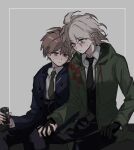  2boys aemono_(lemolemo_lmn) black_gloves black_jacket black_pants blue_jacket blush brown_hair can collared_shirt danganronpa:_trigger_happy_havoc danganronpa_(series) danganronpa_2:_goodbye_despair gloves green_jacket green_necktie grey_background grey_hair hair_between_eyes highres holding holding_can holding_hands jacket komaeda_nagito male_focus messy_hair multiple_boys naegi_makoto necktie open_clothes open_jacket pants shirt simple_background sweatdrop yaoi 