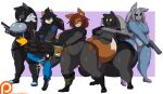  2023 allyson_(dewwydarts) alternate_species anthro big_breasts black_body black_boots black_bottomwear black_clothing black_footwear black_fur black_gloves black_hair black_handwear black_pants black_scarf black_topwear blue_eyes bodysuit boots bottomwear breasts canid canine canis chubby_anthro chubby_female clothed clothing costume dee_(dewwydarts) dewwydarts dipstick_tail domestic_cat epic_games eye_through_hair felid feline felis female fingerless_gloves footwear fortnite fox fur gatling_gun gloves grey_body grey_bodysuit grey_clothing grey_fur grey_gloves grey_hair grey_handwear group gun hair hair_over_eye handgun handwear hi_res holding_gun holding_handgun holding_object holding_pistol holding_shotgun holding_weapon huge_thighs lynx_(fortnite) machine_gun maddie_(dewwydarts) mammal markings may_(dewwydarts) minigun miss_bunny_penny multicolored_clothing mustelid muzzle_flash one_eye_obstructed open_mouth orange_body orange_fur otter pack_leader_highwire pants patreon patreon_logo pistol pump_action_shotgun purple_eyes ranged_weapon red_hair rino_(dewwydarts) scarf shooting shooting_gun shotgun simple_background simple_eyes skinsuit smile smirk spent_casing standing tail tail_markings tally_marks thick_thighs tight_clothing topwear torn_clothing translucent translucent_hair two_tone_clothing weapon western_tally_marks wolf yellow_eyes 