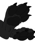  4_toes anthro barefoot black_body black_fur black_pawpads canid canine claws feet female foot_fetish foot_focus fur lydiapaw mal0 mammal monster pawpads paws scp-1471 scp-1471-a scp_foundation simple_background solo toe_claws toes 
