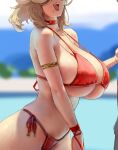  1girl :d armlet bikini blonde_hair blurry blurry_background breasts choker commentary eu03 from_side head_out_of_frame huge_breasts mole mole_under_mouth original outdoors red_bikini red_choker red_lips red_ribbon ribbon short_hair side-tie_bikini_bottom smile solo string_bikini swimsuit symbol-only_commentary teeth upper_teeth_only wet wrist_ribbon 