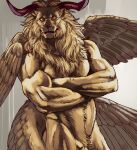  2023 2_horns 4_wings anthro barely_visible_genitalia barely_visible_penis biceps big_muscles biped chimera crossed_arms crotch_tuft curved_horn digital_drawing_(artwork) digital_media_(artwork) feathered_wings feathers felid fur genitals grey_background hi_res horn inubikko light lighting lion lips looking_at_viewer male mammal mane mouth_closed multi_wing muscular muscular_anthro muscular_male nude orange_eyes pantherine pecs penis pupils shaded simple_background slit_pupils solo standing stare tan_body tan_fur thick_bottom_lip tuft v-cut wings 