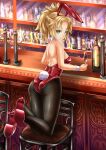  1girl alcohol animal_ears ass back backless_leotard bar_(place) black_leotard black_pantyhose blonde_hair bottle bow bowtie breasts champagne_flute commentary commission cup detached_collar drinking_glass fake_animal_ears fake_tail fate/grand_order fate_(series) green_eyes grin high_heels highres holding holding_cup indoors kein_hasegawa kneeling leaning_forward leotard medium_breasts medium_hair mordred_(fate) on_chair pantyhose playboy_bunny ponytail rabbit_ears rabbit_tail red_footwear red_leotard smile solo sparkle strapless strapless_leotard tail wrist_cuffs 