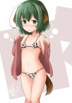  1girl absurdres ahoge animal_ears bikini blush breasts cleavage commentary_request cow_print_bikini green_eyes green_hair highres huge_ahoge kasodani_kyouko looking_at_viewer micro_bikini open_mouth otiba_kaede short_hair signature small_breasts solo swimsuit touhou 