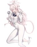  1girl :d absurdres akira_(blue_archive) animal_ears ass bare_shoulders blue_archive blush gloves halo high_heels highres long_hair looking_at_viewer onuj2$ open_mouth pink_hair red_eyes simple_background smile solo tail white_background white_footwear white_gloves 