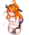  1girl aged_down ahoge araki_(qbthgry) barefoot bike_shorts black_shorts braid brown_hair dragon_girl dragon_horns dragon_tail hairband highres hololive horns kiryu_coco kneeling long_hair off_shoulder pointy_ears red_eyes ribbon shirt short_shorts shorts smile solo tail thighs toes virtual_youtuber white_shirt 