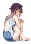  1girl back_cutout barefoot blue_one-piece_swimsuit blush breasts brown_eyes closed_mouth clothing_cutout commentary feet from_behind grey_one-piece_swimsuit h-appa highres knees_up looking_at_viewer looking_back medium_breasts nagato_yuki one-piece_swimsuit purple_hair short_hair sitting smile solo suzumiya_haruhi_no_yuuutsu swimsuit two-tone_one-piece_swimsuit wet wet_clothes wet_hair wet_swimsuit 