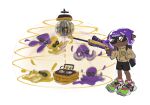  black_shorts brown_jacket closed_mouth dancing dark-skinned_female dark_skin disco_ball frown glint gun hand_in_pocket holding holding_gun holding_weapon humanlynn inkling jacket octoling purple_hair record shoes short_hair shorts simple_background sneakers splatoon_(series) sunglasses tentacle_hair weapon white_background 