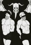  3boys abs absurdres bara blindfold boxers chidaruma cloth_gag curled_horns demon_boy demon_horns demon_wings dorohedoro evil_smile facial_hair feet_out_of_frame gag gagged goatee greyscale highres horns improvised_gag large_pectorals long_tongue looking_at_viewer male_focus male_underwear mature_male monochrome multiple_boys muscular muscular_male navel nipples over_the_mouth_gag pectorals short_hair sideburns slave smile smokerichi stomach strangling thighs tongue tongue_out topless_male underwear underwear_only unfinished wings yaoi 
