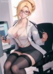  black-framed_eyewear black_thighhighs blonde_hair blue_eyes breasts chair closed_mouth coat covered_nipples doctor flowerxl head_tilt large_breasts looking_to_the_side mercy_(overwatch) miniskirt monitor navel no_bra office_chair overwatch ponytail see-through skirt stethoscope swivel_chair thighhighs white_coat 