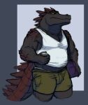  alligator alligatorid anthro belly black_body bottomwear chaac_(leander_dk) clothing coffee_cup container crocodilian cup gym_bag leander_dk_(artist) looking_at_viewer male musclegut muscular pecs reptile scales scalie shirt shorts simple_background slightly_chubby solo spiked_tail spikes spikes_(anatomy) tail tank_top thick_tail thick_thighs topwear 