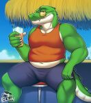  absurd_res alligator alligatorid anthro beach_bar beverage blue_bottomwear blue_clothing blue_shorts bottomwear clothing container cregon crocodile crocodilian crocodylid cup elfein eyewear furniture glass glass_container glass_cup green_body hi_res holding_object looking_at_viewer male multicolored_body orange_clothing orange_shirt orange_topwear reptile scalie shaded shirt shorts smile smiling_at_viewer solo stool sunglasses teeth topwear two_tone_body white_body 