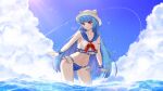  1girl absurdres beach bikini blue_bikini blue_hair blue_wristband breasts cloud cloudy_sky dr_(slrkwhdma12) frilled_bikini frills highres kula_diamond long_hair looking_at_viewer medium_breasts purple_eyes sailor_bikini sailor_collar sky smile swimsuit the_king_of_fighters water white_headwear 