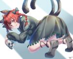  1girl :q absurdres animal_ear_fluff animal_ears ass bangs black_bow black_footwear bow braid cat_ears cat_tail dress green_dress hair_bow highres kaenbyou_rin long_sleeves looking_at_viewer looking_back multiple_tails nekomata red_eyes red_hair shoes skull solo tail tongue tongue_out top-down_bottom-up touhou twin_braids two_tails yujin_(kanouyuuto-0423) 