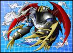  armor barlume_(barlzar) blue_background cannon claws cloud digimon digimon_(creature) dragon flying highres horns imperialdramon no_humans open_mouth red_eyes sharp_teeth signature spikes teeth white_hair wings 