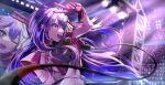 1girl absurdres commentary_request concert gloves hair_ribbon higanno_raika highres hoshino_ai_(oshi_no_ko) idol idol_clothes long_hair microphone one_eye_closed open_mouth oshi_no_ko pink_gloves purple_eyes purple_hair ribbon screen spotlight star-shaped_pupils star_(symbol) symbol-shaped_pupils v 