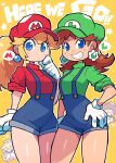  2girls absurdres blonde_hair blue_eyes blue_overalls brown_hair cosplay crown earrings english_text facial_hair gloves green_headwear green_shirt hat highres jewelry looking_at_viewer luigi luigi_(cosplay) mario mario_(cosplay) mario_(series) medium_hair multiple_girls mustache overall_shorts overalls ponytail princess_daisy princess_daisy_(cosplay) princess_peach princess_peach_(cosplay) rariatto_(ganguri) red_headwear red_shirt shirt short_sleeves speech_bubble teeth white_gloves yellow_background 