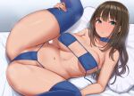  1girl aqua_eyes bed_sheet bikini blue_bikini blue_choker blue_thighhighs breasts brown_hair choker covered_nipples eyepatch_bikini idolmaster idolmaster_cinderella_girls large_breasts leg_up long_hair looking_at_viewer lying navel on_back pillow shibuya_rin solo swimsuit thighhighs tomajiyama 