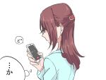  1girl blue_shirt cellphone commentary_request from_side hair_ornament hairclip half_updo highres holding holding_phone kashikaze long_hair long_sleeves love_live! love_live!_sunshine!! phone red_hair sakurauchi_riko shirt sidelocks simple_background smartphone solo thought_bubble upper_body white_background 