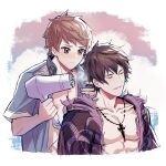  2boys belial_(granblue_fantasy) belial_(summer)_(granblue_fantasy) black_hair black_jacket blue_shirt brown_eyes brown_hair closed_eyes closed_mouth drying drying_hair feather_boa gran_(granblue_fantasy) gran_(summer)_(granblue_fantasy) granblue_fantasy hair_dryer highres jacket kishire0324 male_focus multiple_boys muscular muscular_male official_alternate_costume open_clothes open_jacket open_shirt pectorals shirt short_hair smile 