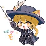  1girl animal_ears black_gloves blonde_hair blush cat_ears cat_girl cat_tail chibi don_quixote_(limbus_company) fangs gloves hat hat_feather korean_text limbus_company migishita open_mouth project_moon rapier short_hair simple_background solo sparkle sparkling_eyes sword tail weapon white_background 