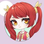  1girl bow brown_eyes chibi circle feiluo hair_bow highres jewelry kumu_zaisheng long_hair looking_at_viewer necklace purple_background red_hair shirt smile solo twintails upper_body white_shirt xing_xueyuan yellow_bow 