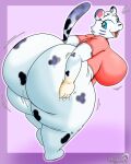  2023 animal_crossing anthro bianca_(animal_crossing) big_breasts big_butt blue_eyes bottomless bottomless_anthro bottomless_female breasts butt butt_grab butt_squish clothed clothing digital_media_(artwork) felid female grabbing_own_ass grabbing_own_butt hand_on_butt hi_res huge_butt looking_at_viewer looking_back mammal masterj291 nintendo pantherine purple_background simple_background smile solo squish thick_thighs tiger 
