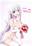  bare_shoulders braid breasts cleavage crown_braid elf emilia_(re:zero) flower gem green_gemstone grey_hair hair_flower hair_ornament hair_ribbon highres looking_at_viewer medium_breasts minato_yoshihiro pointy_ears purple_eyes re:zero_kara_hajimeru_isekai_seikatsu ribbon rose solo thighhighs white_flower white_hair white_rose x_hair_ornament 