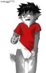  anthro canid canine canis clothing diaper embarrassed fur grey_body grey_fur hi_res male male/male mammal red_clothing red_shirt red_topwear shirt solo thyro topwear tucked_shirt wolf 