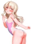  1girl absurdres ass bare_shoulders blush breasts fate/kaleid_liner_prisma_illya fate_(series) hair_between_eyes highres illyasviel_von_einzbern long_hair looking_at_viewer looking_back one-piece_swimsuit open_mouth pink_one-piece_swimsuit red_eyes sidelocks small_breasts solo swimsuit thighs two-tone_swimsuit wet white_hair white_one-piece_swimsuit zirba 