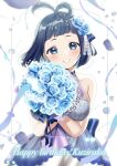  1girl antenna_hair bare_shoulders blue_dress blue_eyes blue_flower blue_hair blue_rose blunt_bangs blush bouquet breasts character_name dress flower framed grin hair_flower hair_ornament happy_birthday highres holding holding_bouquet indie_virtual_youtuber kazepana large_breasts looking_at_viewer rose see-through_cleavage short_hair sleeveless sleeveless_dress smile solo sorara_kujirako virtual_youtuber 