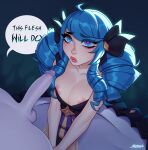  1boy 1girl absurdres ahoge artist_name black_bow black_dress bow breasts cleavage closed_mouth collarbone colored_skin dress drill_hair english_text green_eyes green_hair grey_dress grey_skin gwen_(league_of_legends) hair_bow highres imminent_fellatio large_breasts league_of_legends long_hair looking_up multicolored_background nipple_slip nipples own_hands_together penis satanya speech_bubble testicles viego_(league_of_legends) 