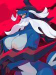  anthro armor blue_body breasts facial_hair female headgear helmet hi_res hisuian_form hisuian_samurott horn kame_3 nintendo nipples pokemon pokemon_(species) red_eyes regional_form_(pokemon) simple_background solo teeth whiskers 