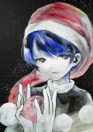  1girl black_background calligraphy_brush doremy_sweet hair_ornament hat highres holding ikeda_ruriko looking_at_viewer medium_hair open_mouth paint_splatter paintbrush painting_(medium) santa_hat smile solo touhou traditional_media 