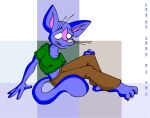  blue_body blue_fur bottomwear clothing domestic_cat felid feline felis fur leaning mammal no_pupils pants tabbiewolf 