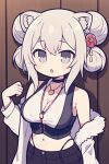  1girl :o animal_ear_fluff animal_ears bare_shoulders black_choker black_panties black_pants blush breasts choker cleavage commentary_request crop_top flower fur-trimmed_jacket fur_trim grey_eyes grey_hair hair_flower hair_ornament hand_up highleg highleg_panties hololive jacket lion_ears long_sleeves looking_at_viewer medium_breasts navel off_shoulder open_clothes open_jacket panties pants parted_lips puffy_long_sleeves puffy_sleeves quad_bun ran_(ran_ran010) red_flower shishiro_botan sidelocks solo underwear virtual_youtuber white_flower white_jacket 