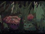  animal_focus awai_(pixiv29777040) brown_eyes dark fang fern forest ivysaur letterboxed light_particles nature no_humans nostrils open_mouth outdoors plant pokemon pokemon_(creature) vileplume vines white_eyes 