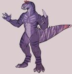  anthro dinosaur featureless_crotch full-length_portrait grin hi_res imperatorcaesar looking_at_viewer male narrowed_eyes nude portrait purple_body red_sclera reptile scalie simple_background smile solo standing striped_arms striped_legs striped_neck yellow_eyes 