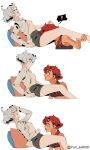  2girls absurdres blood blood_on_mouth breasts cunnilingus grey_hair gundam gundam_suisei_no_majo hair_over_shoulder head_back highres laughing licking_lips menstruation miorine_rembran multiple_girls open_clothes open_shirt oral ponytail red_hair short_hair simple_background skirt sports_bra suletta_mercury tongue tongue_out yuri yurisuki00 